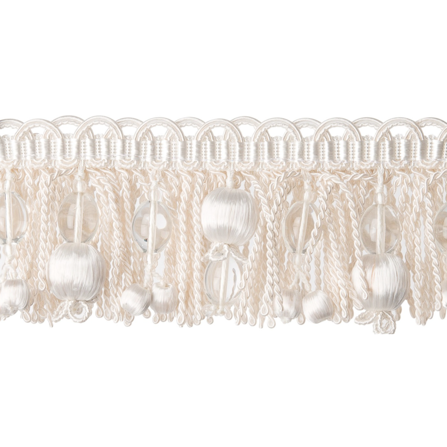Decorative trim with pearls and tassels on a white background