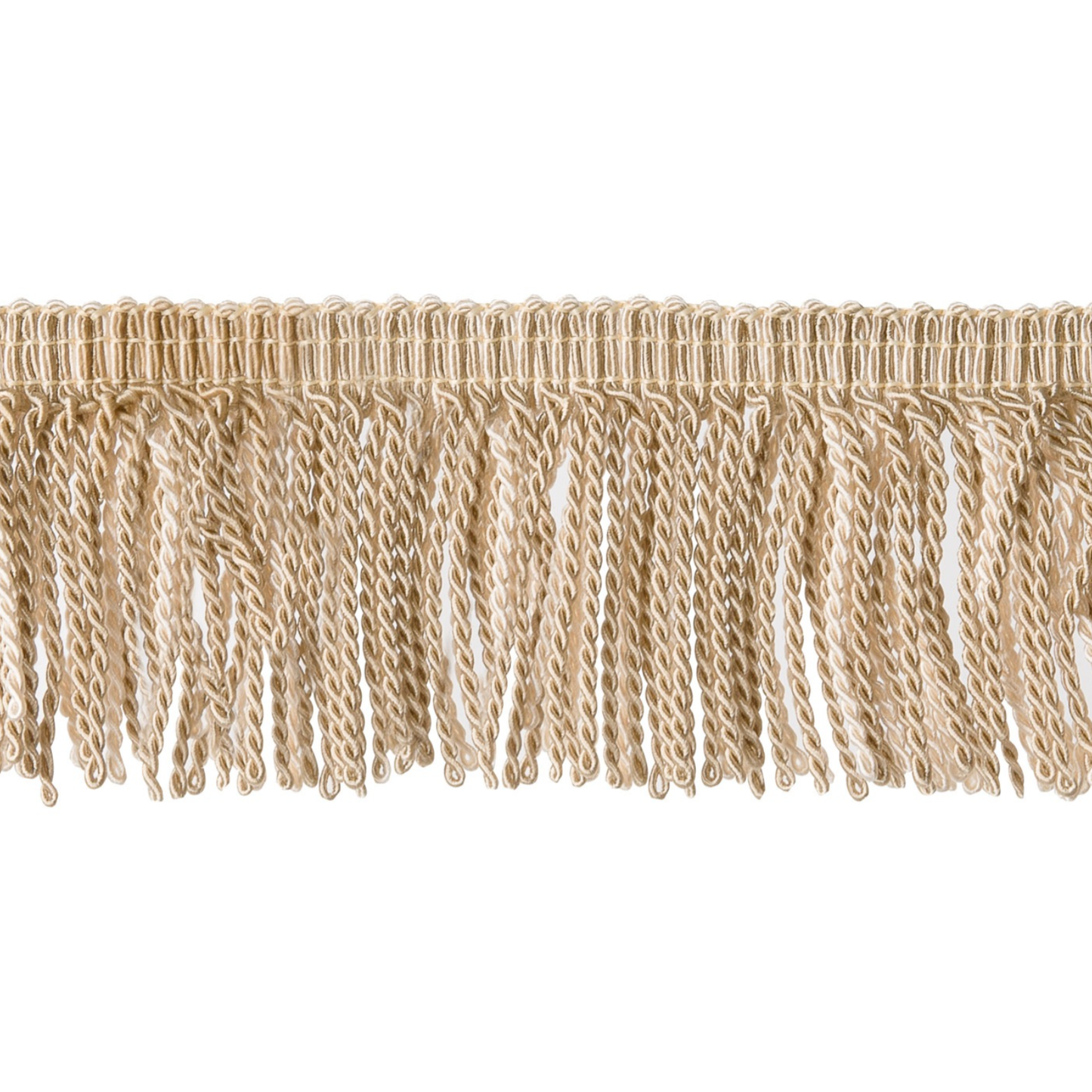 Beige bullion fringe trim on a white background