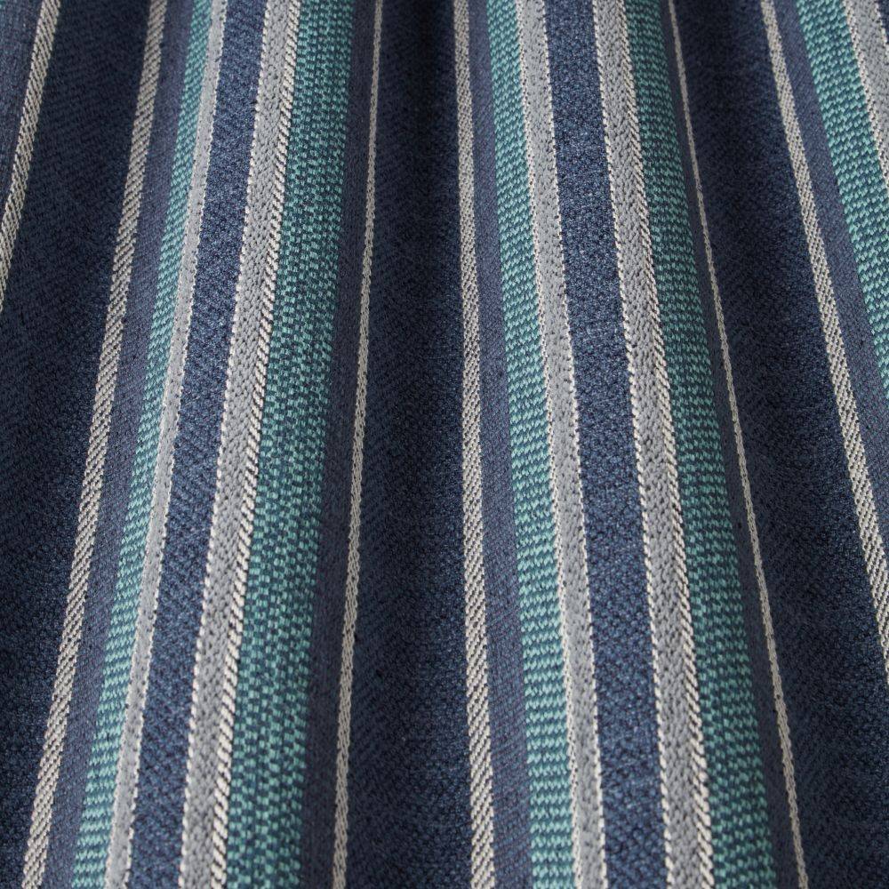 Poplar Stripe Weave Ocean fabric features elegant blue, teal, and cream stripes, ideal for curtains and upholstery in modern or classic interiors.