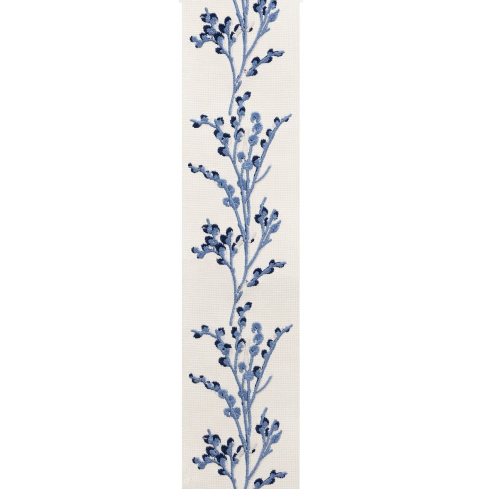 Laura Ashley Border Pussy Willow Seaspray trim featuring elegant blue floral motifs on a white background, ideal for curtains and home decor.