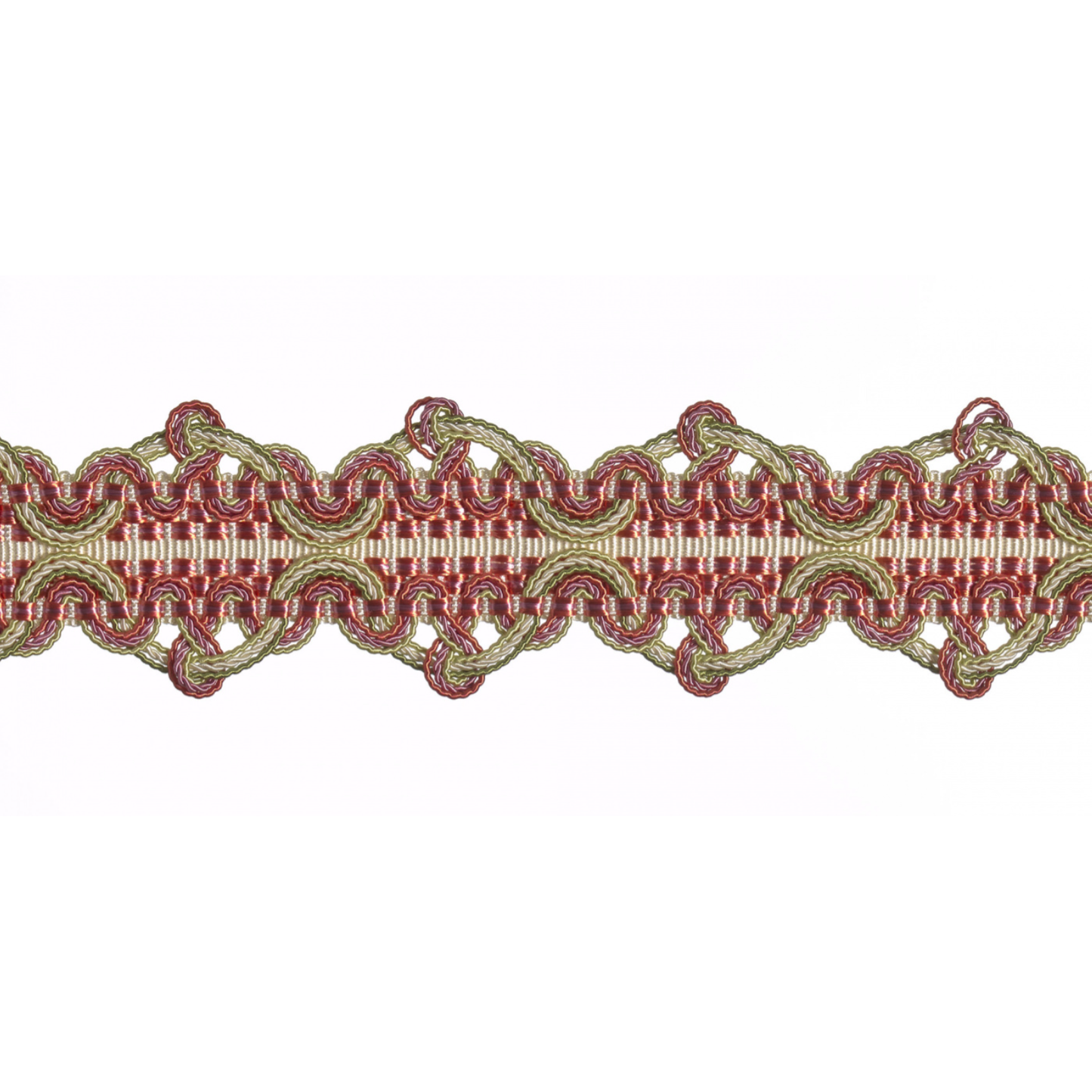 Decorative braid trim with red and gold pattern on a white background