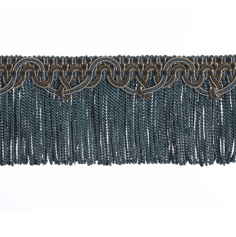Decorative fabric trim with braided top and fringes on a white background