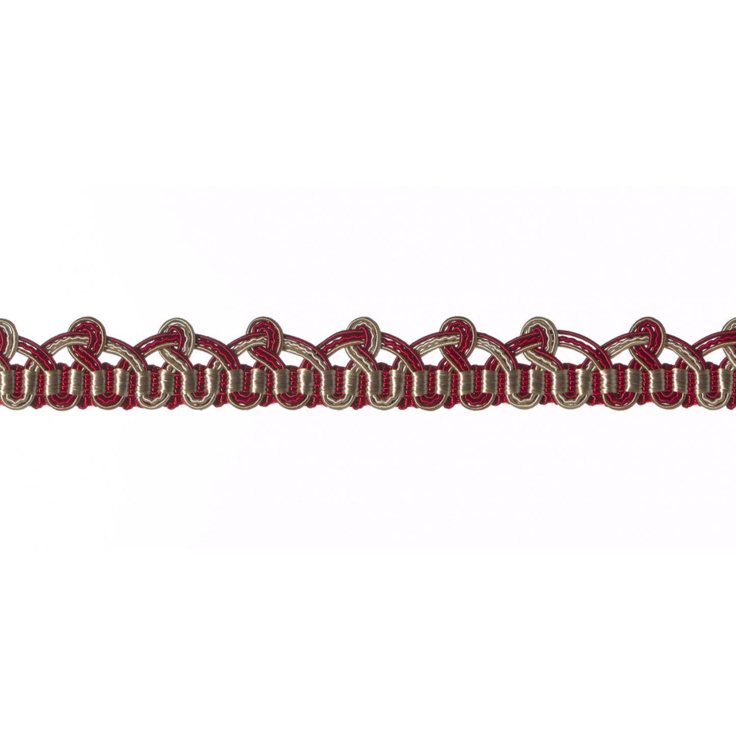 Decorative gimp trim in red and gold on a white background