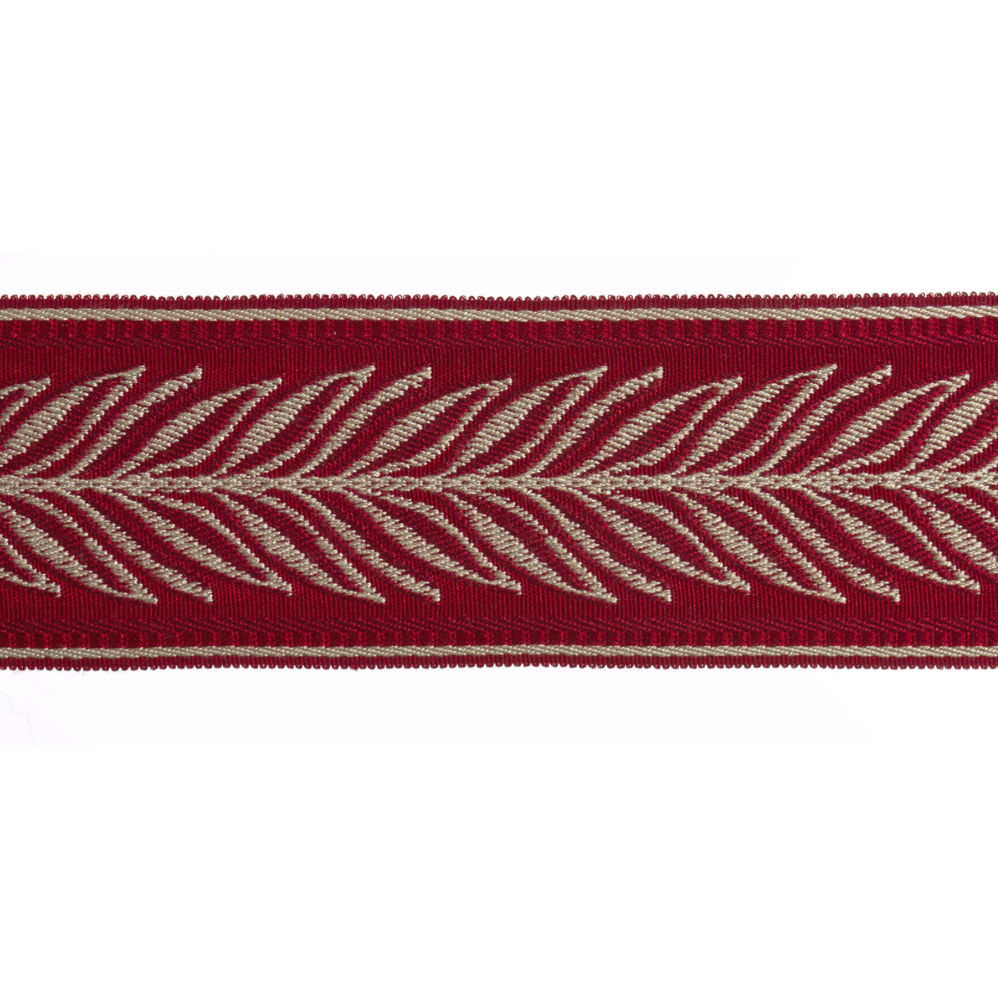 Red flat braid trim with beige leaf pattern on a white background