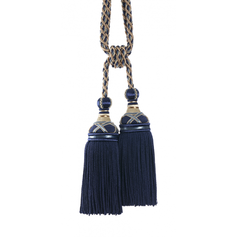 Navy blue tassels with gold and silver accents on a white background