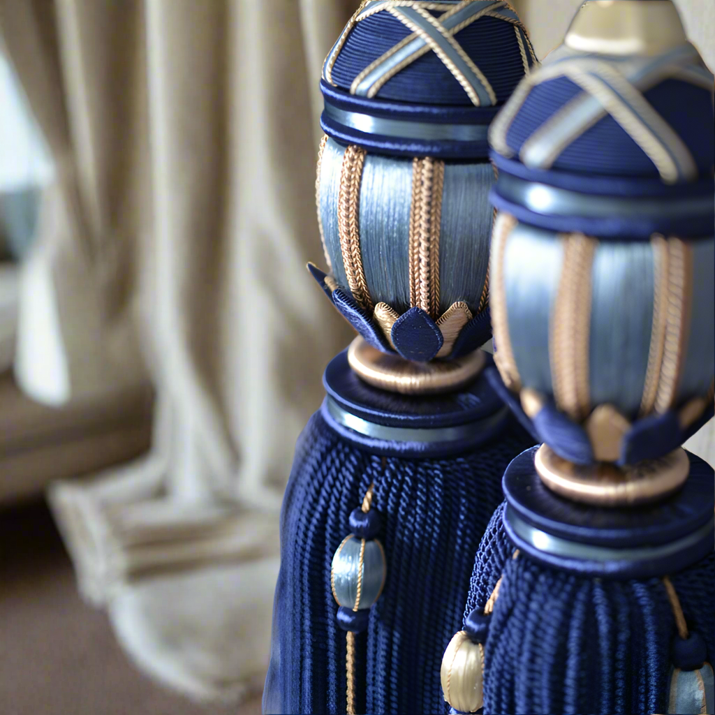Decorative curtain finials with blue and gold design in a home setting