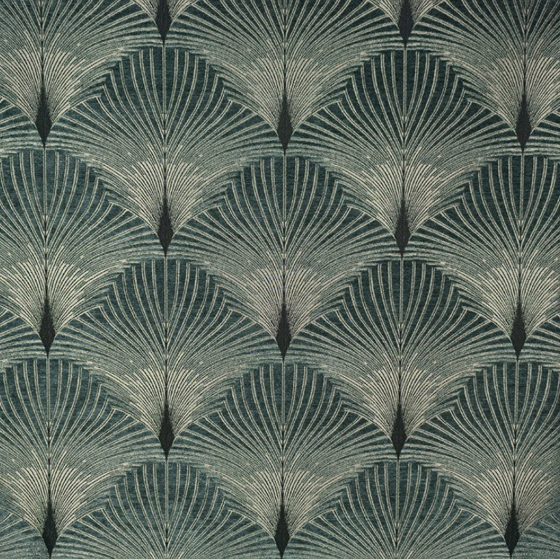Jazz Rikers art deco fabric with intricate silver chenille fan pattern on a dark green background, ideal for upholstery and crafting.