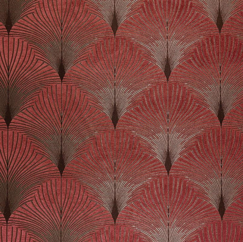 Jazz Rockefella art deco fabric in chenille with intricate gold and red fan-shaped patterns, ideal for upholstery and elegant home décor.