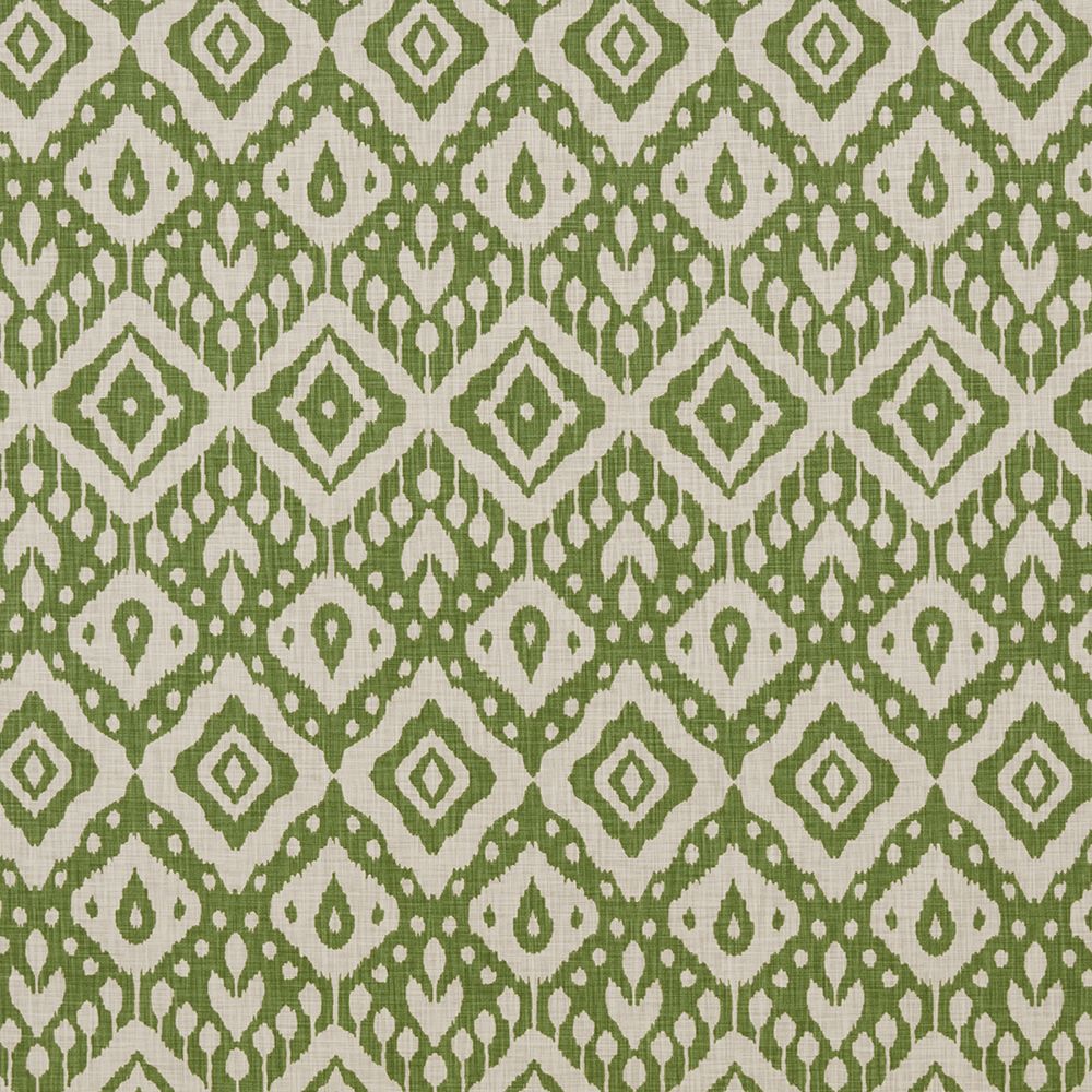 Close-up of Safi Moroccan Ikat fabric in fern green featuring a repeating diamond and teardrop pattern, perfect for upholstery projects.