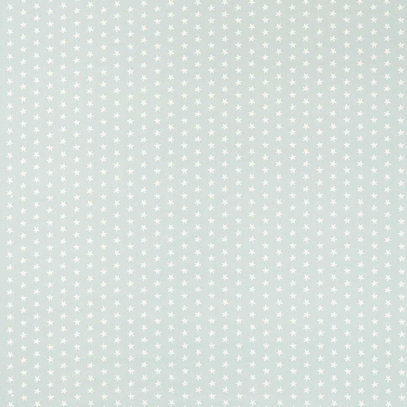 Stellaria Polka Mineral fabric features a soft mint green background with small white starfish motifs, perfect for kids’ curtains or blinds.
