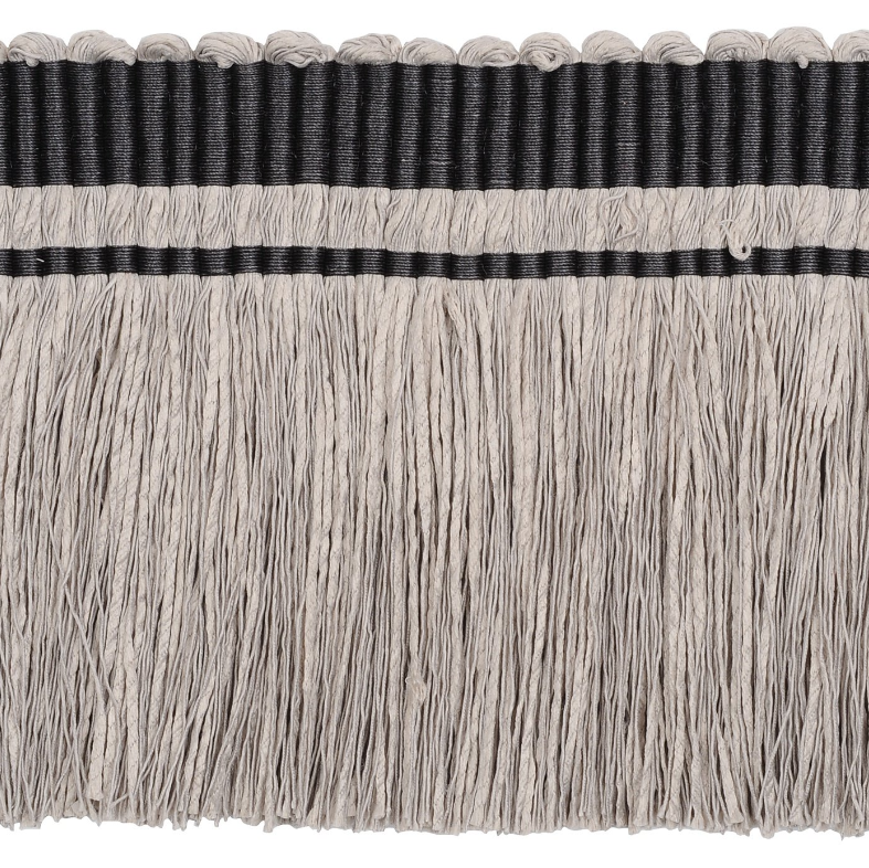 Close-up of a decorative trim with black band and gray fringe on a white background