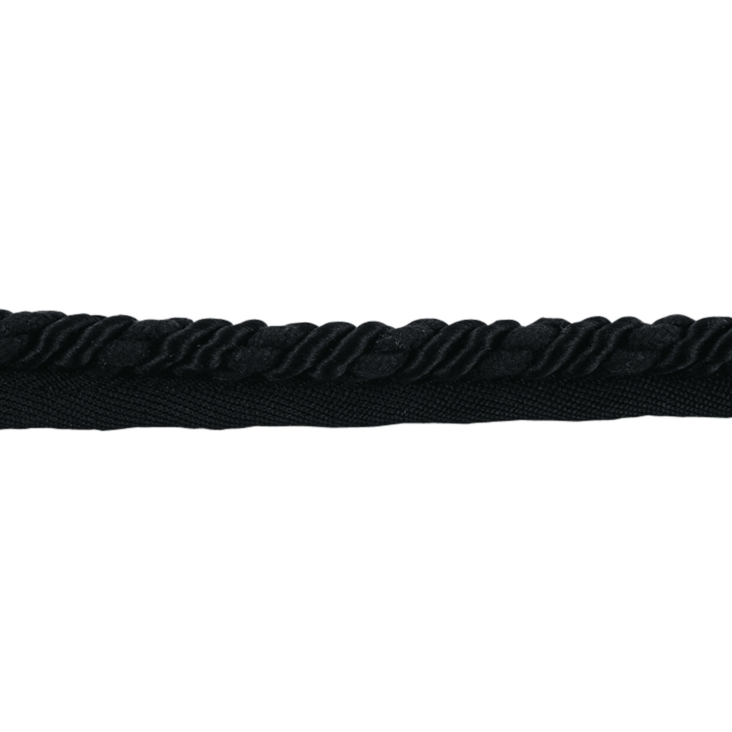 Black piping cord trim on a white background