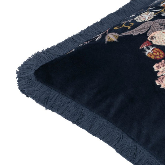 Strawberry Thief Embroidered Velvet Cushion Indigo