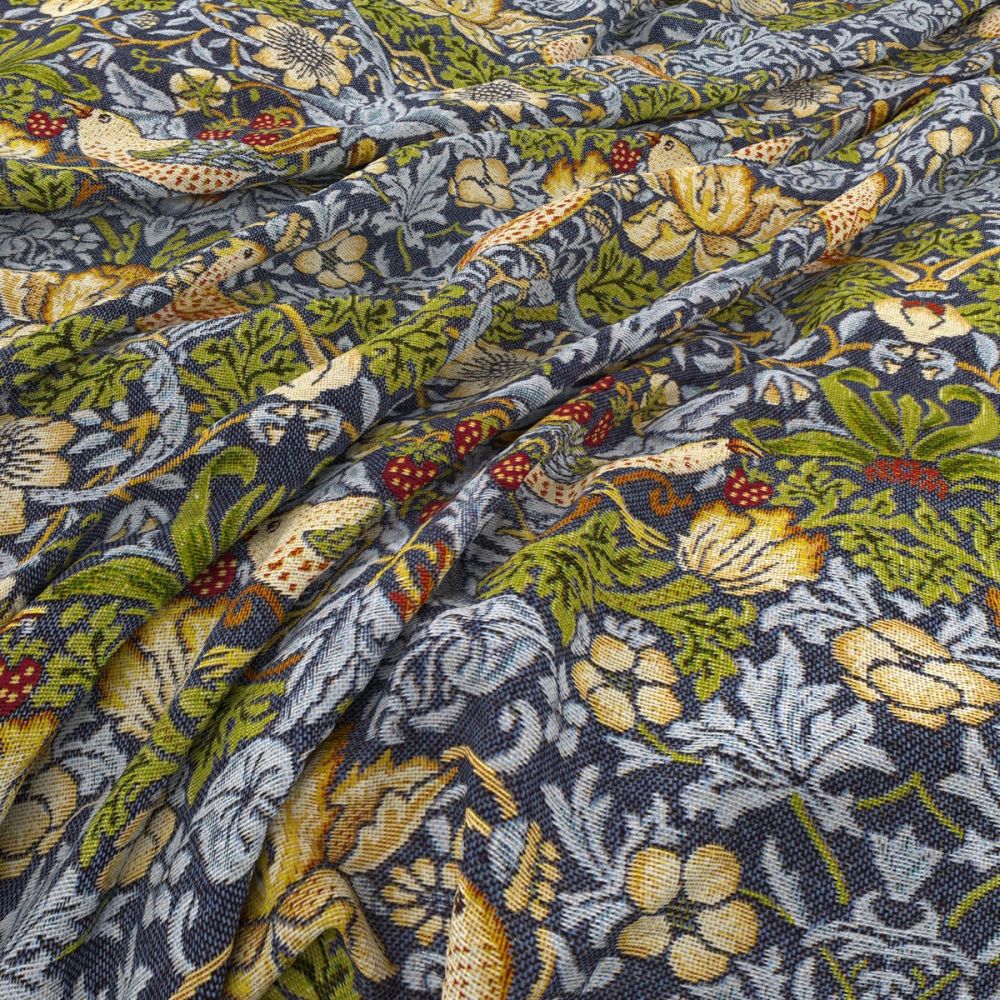 Close-up of William Morris Strawberry Thief cobalt fabric showcasing intricate floral and bird designs in vibrant blue, green, and yellow tones. Perfect for arts and crafts projects.