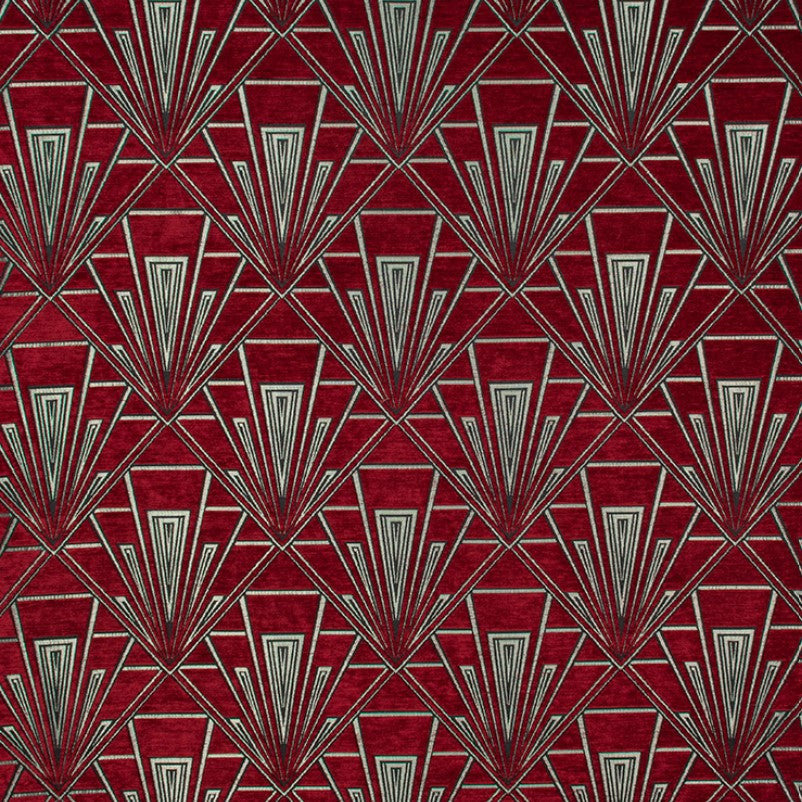 Tempo Tamara fabric in red and silver with an Art Deco geometric pattern, made of luxurious chenille for upholstery and curtains.
