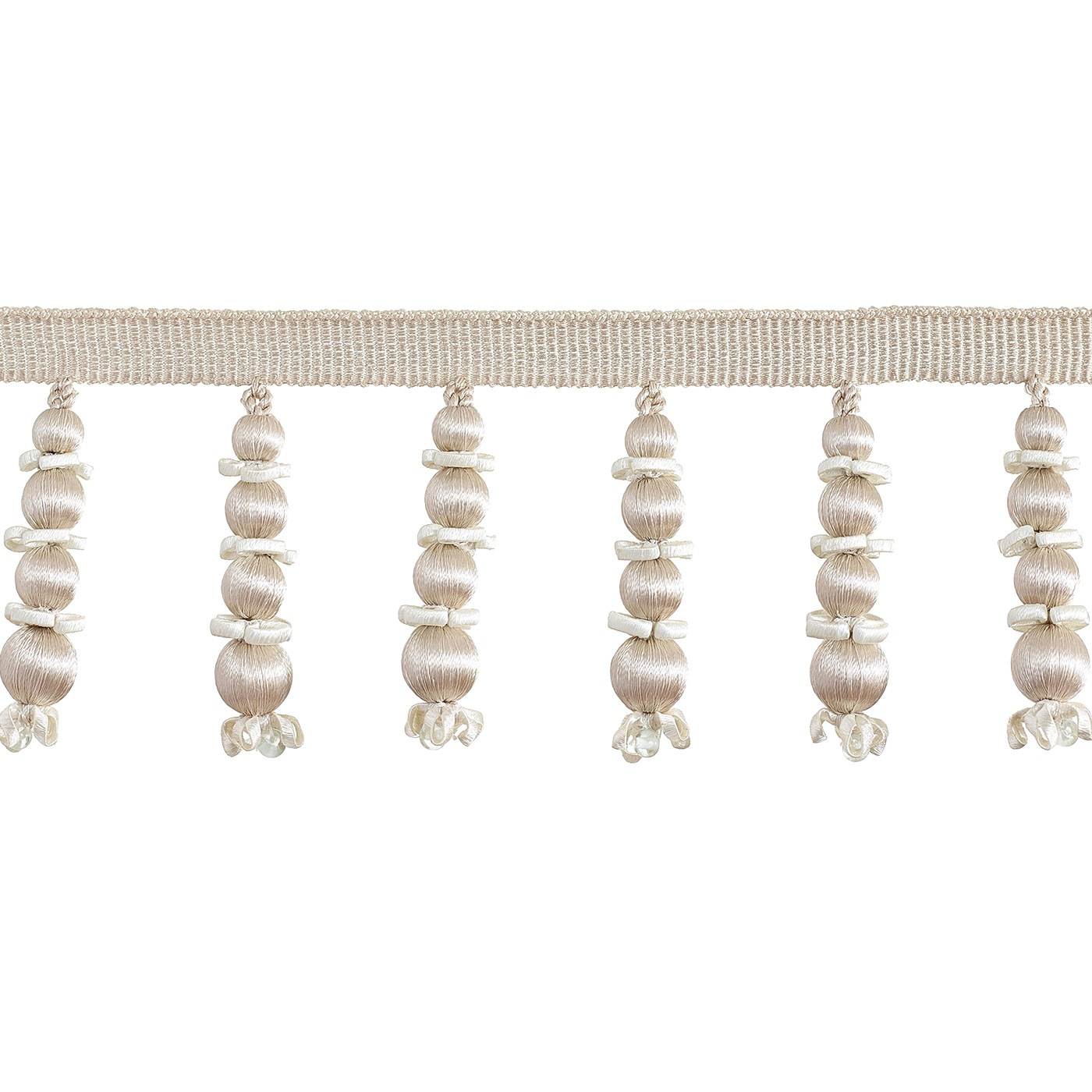 Decorative trim with pearl-like beads on a white background