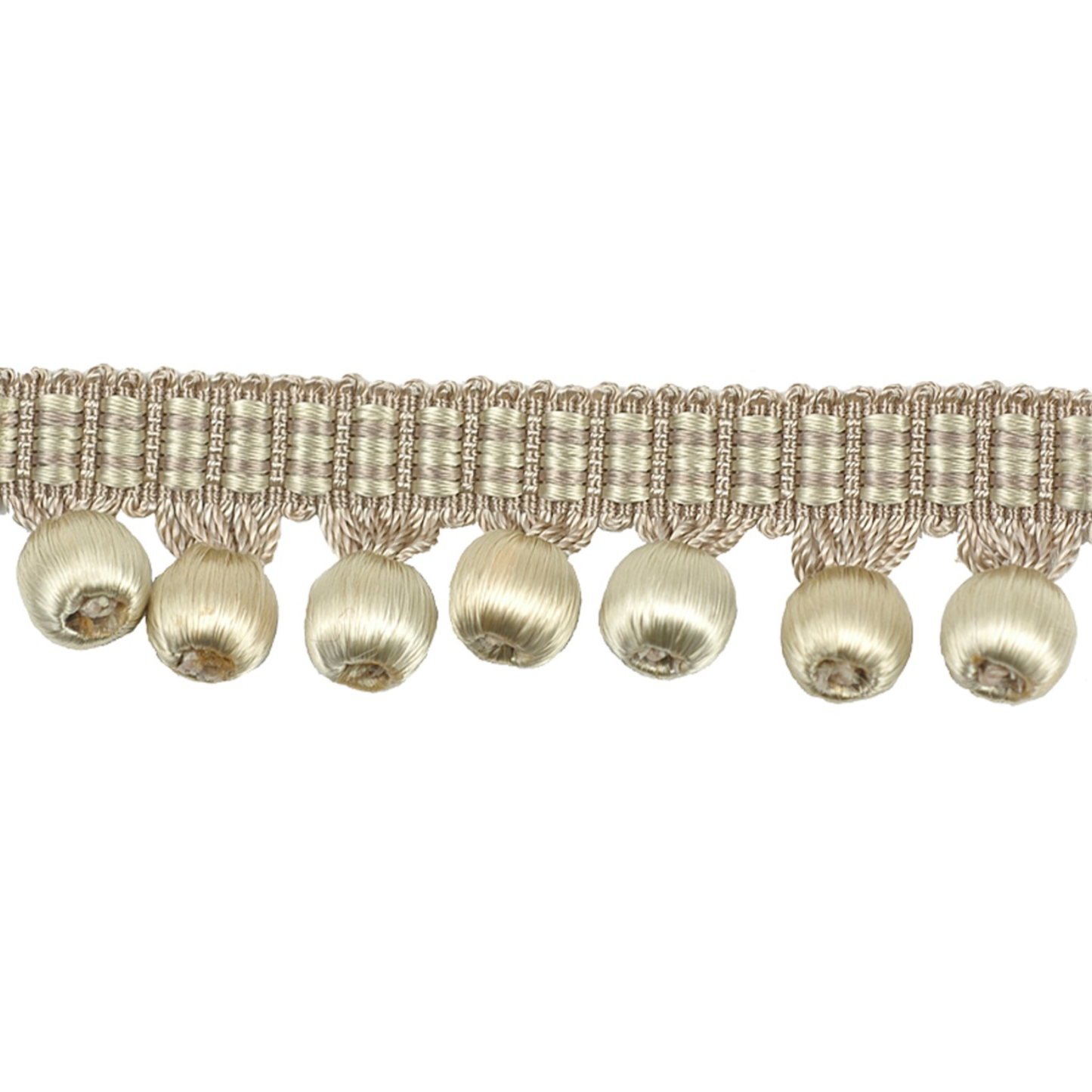 Decorative trim with metallic beads on a white background
