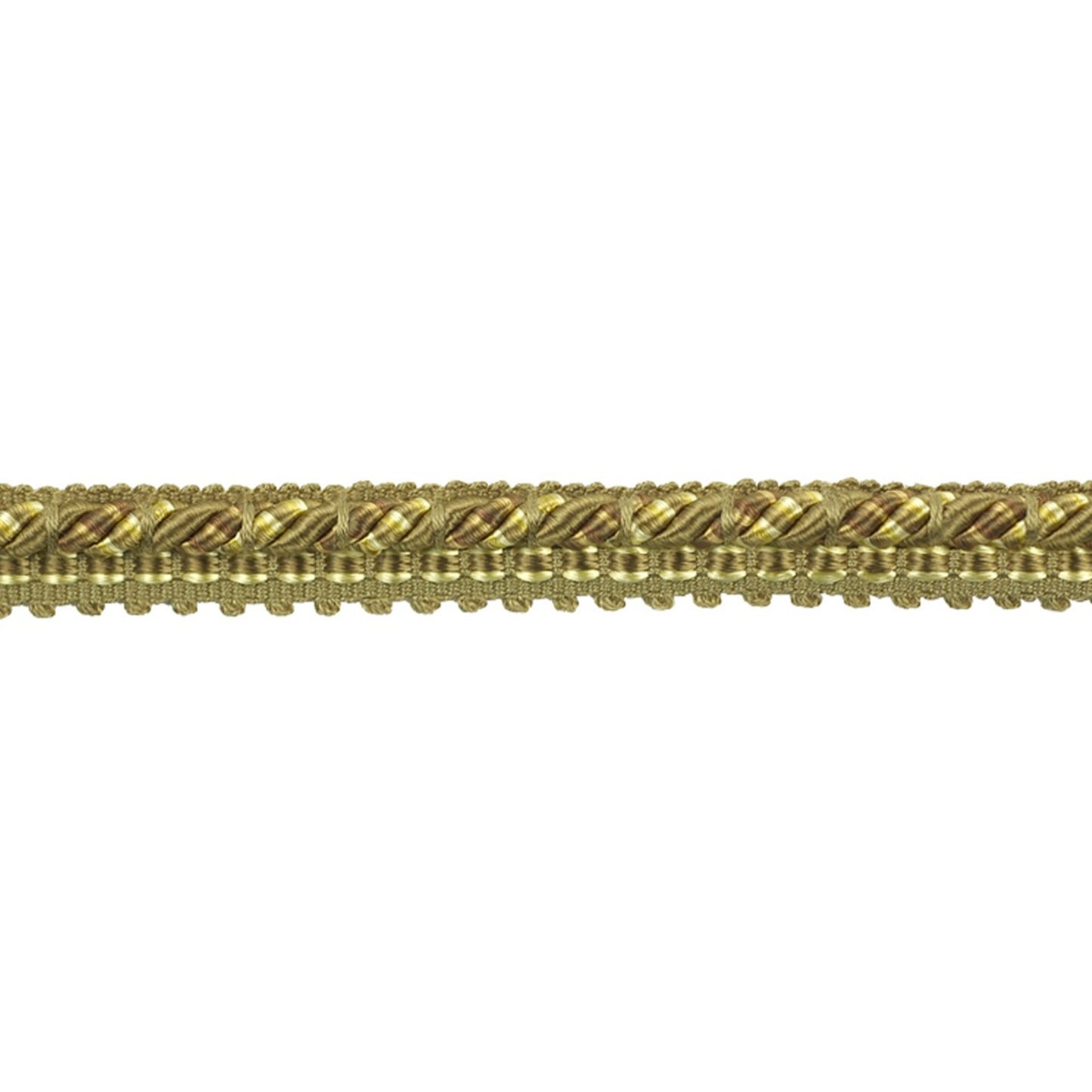 Gold decorative gimp trim on a white background
