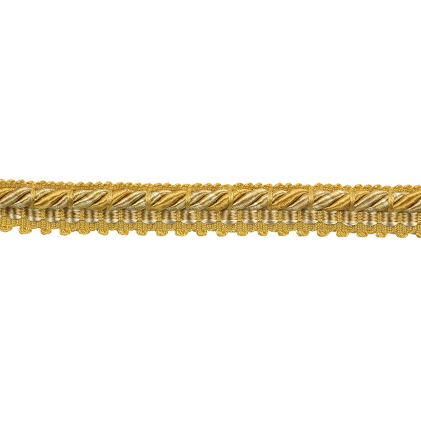 Gold decorative gimp trim on a white background