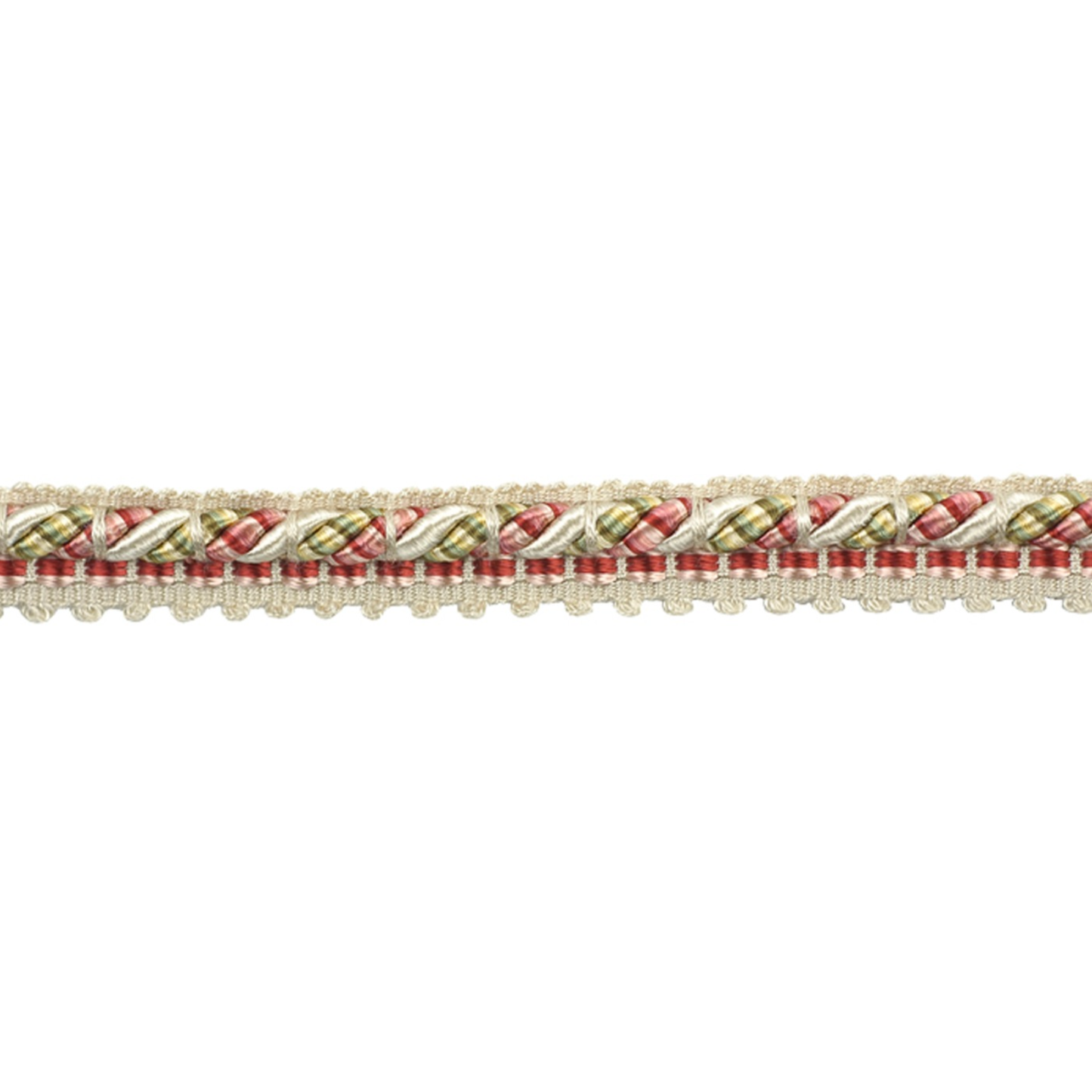 Decorative gimp trim with gold, red, and beige colours on a white background