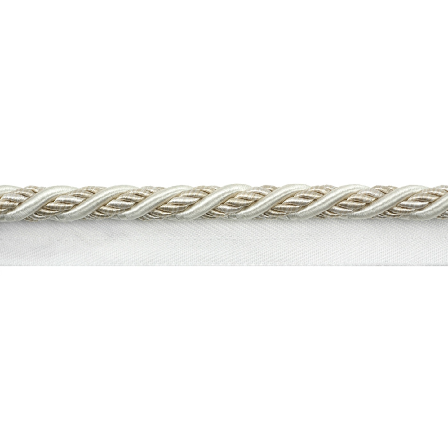 Close-up of a silver pipping cord on a white background