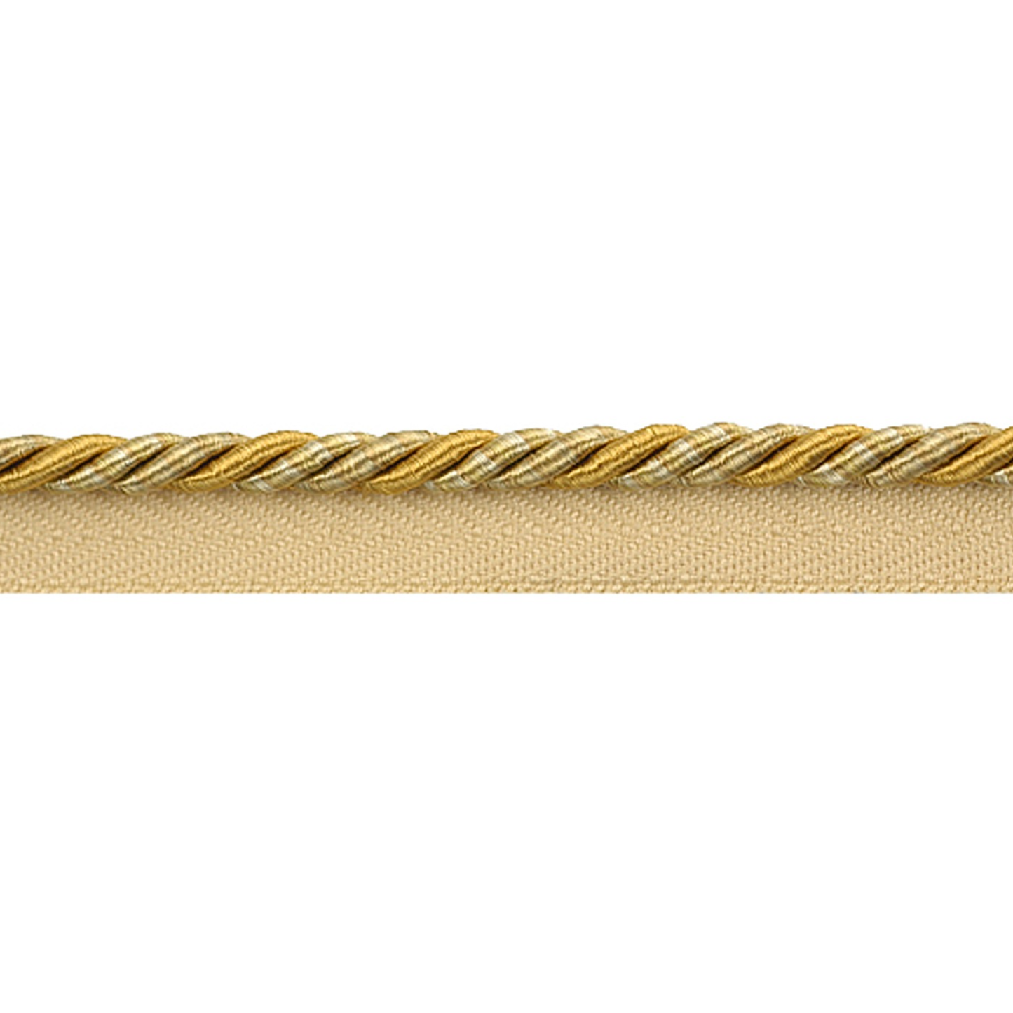 Gold pipping cord with a textured pattern on a beige background