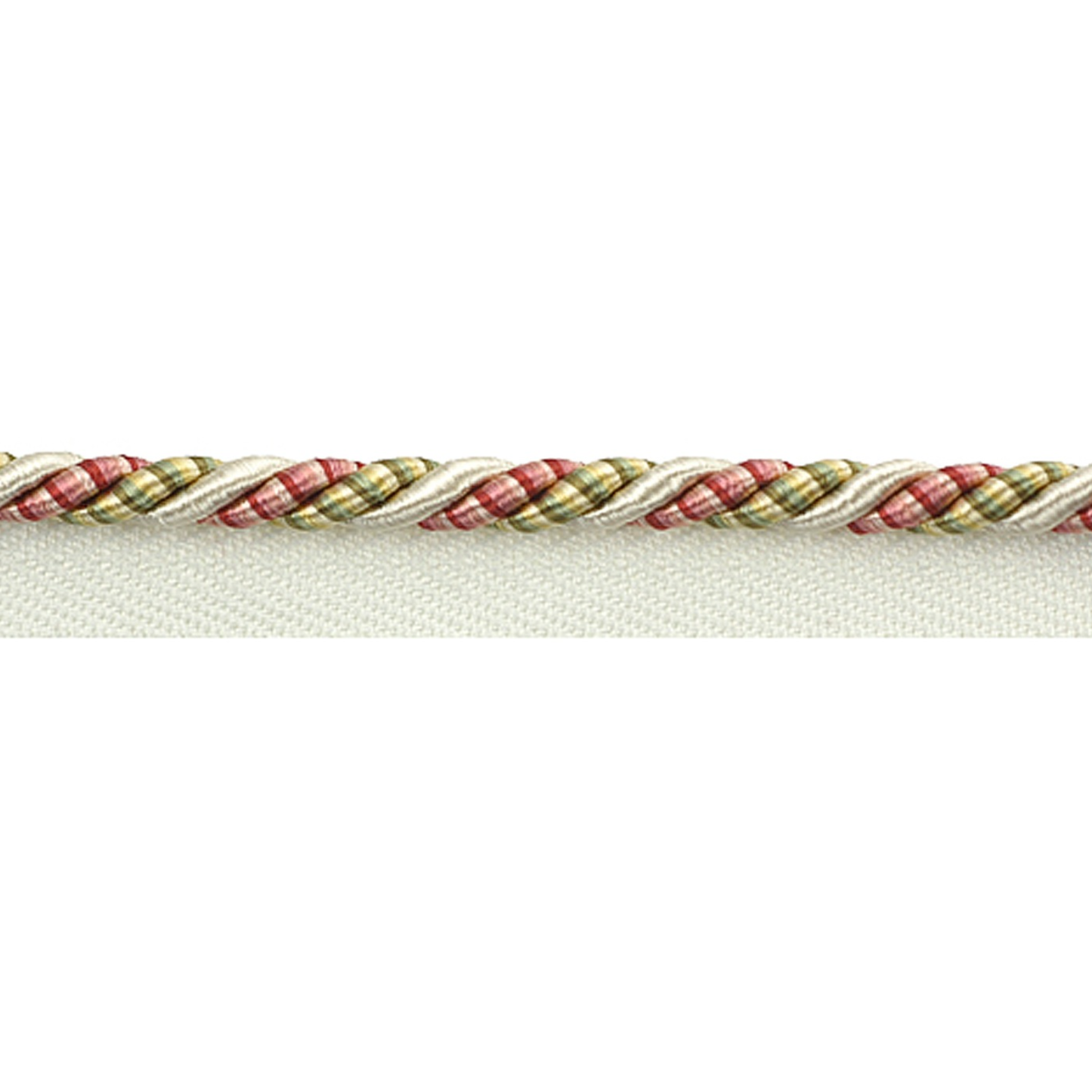 Close-up of a braided trim with red, gold, and green colours on a white background