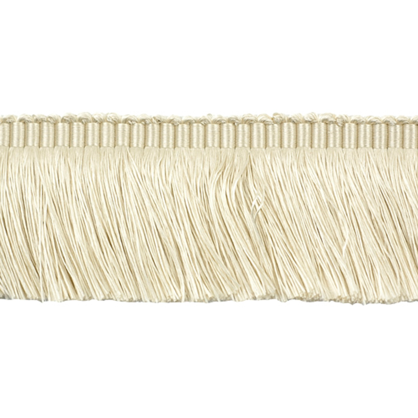 Close-up of a beige fringe trim on a white background