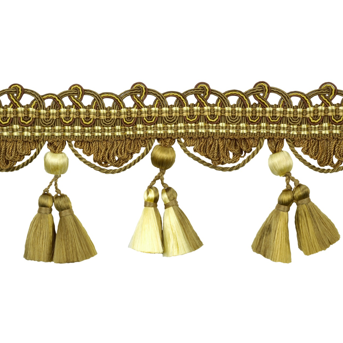 Decorative gold trim with tassels on a white background