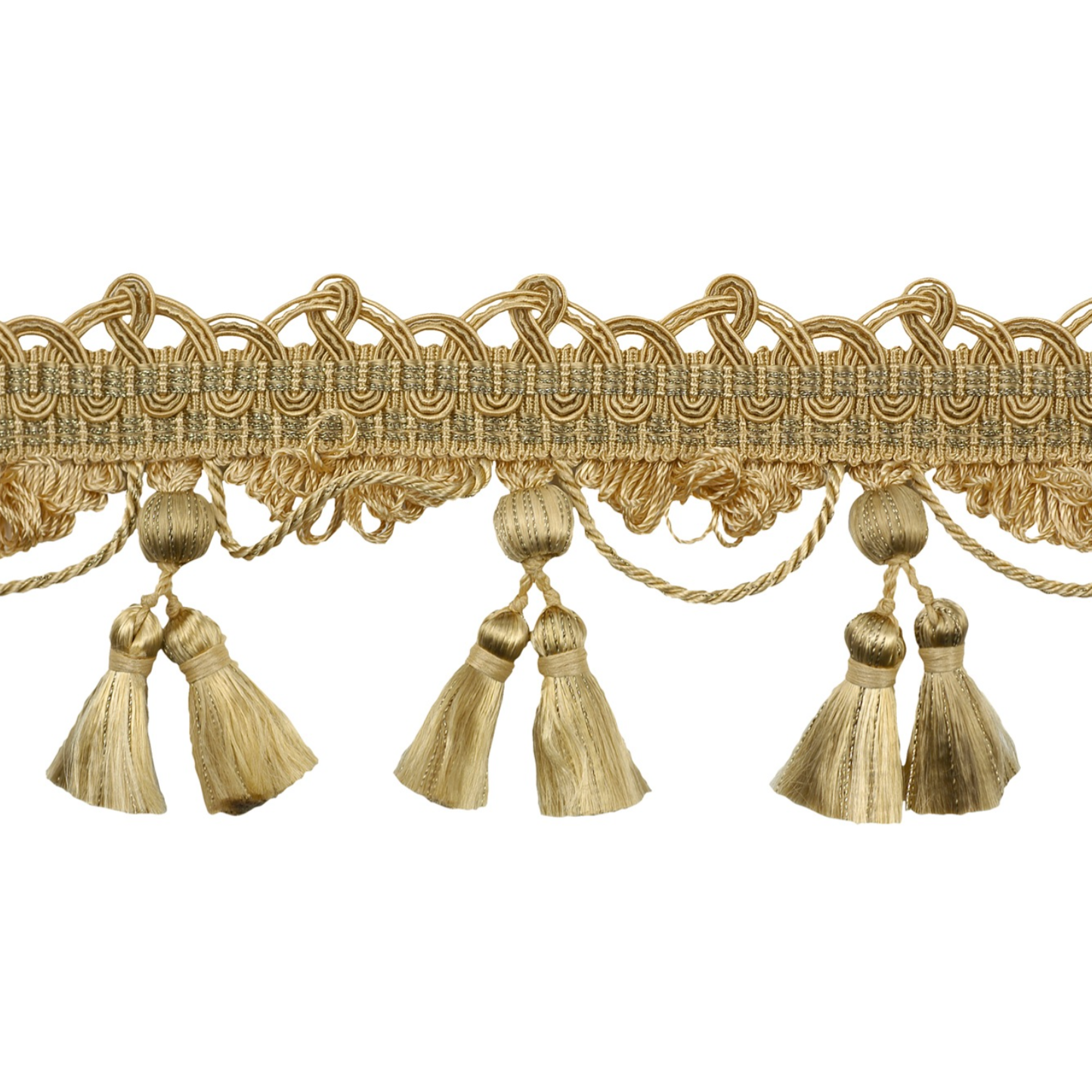 Decorative gold trim with tassels on a white background