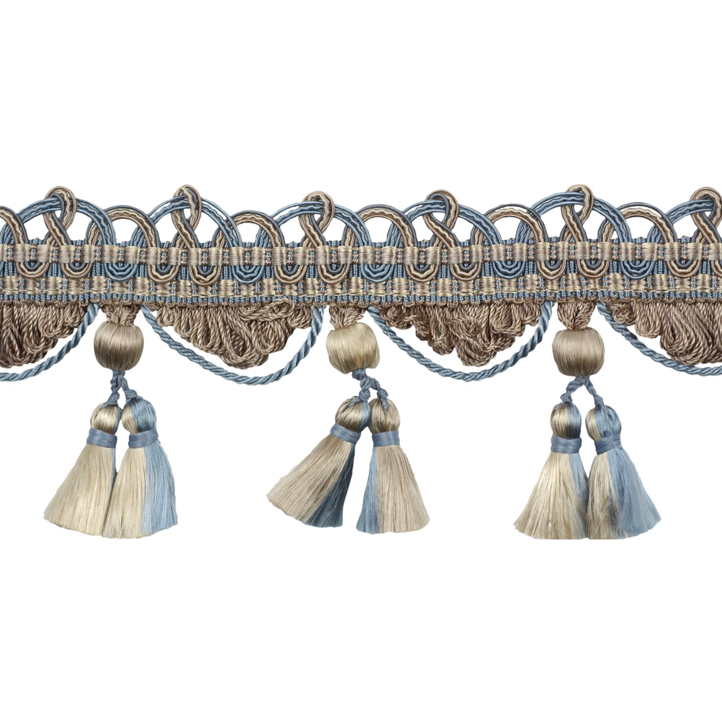 Decorative trim with braided design and tassels on a white background