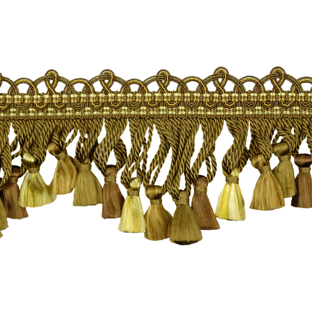 Decorative gold fringe with tassels on a white background