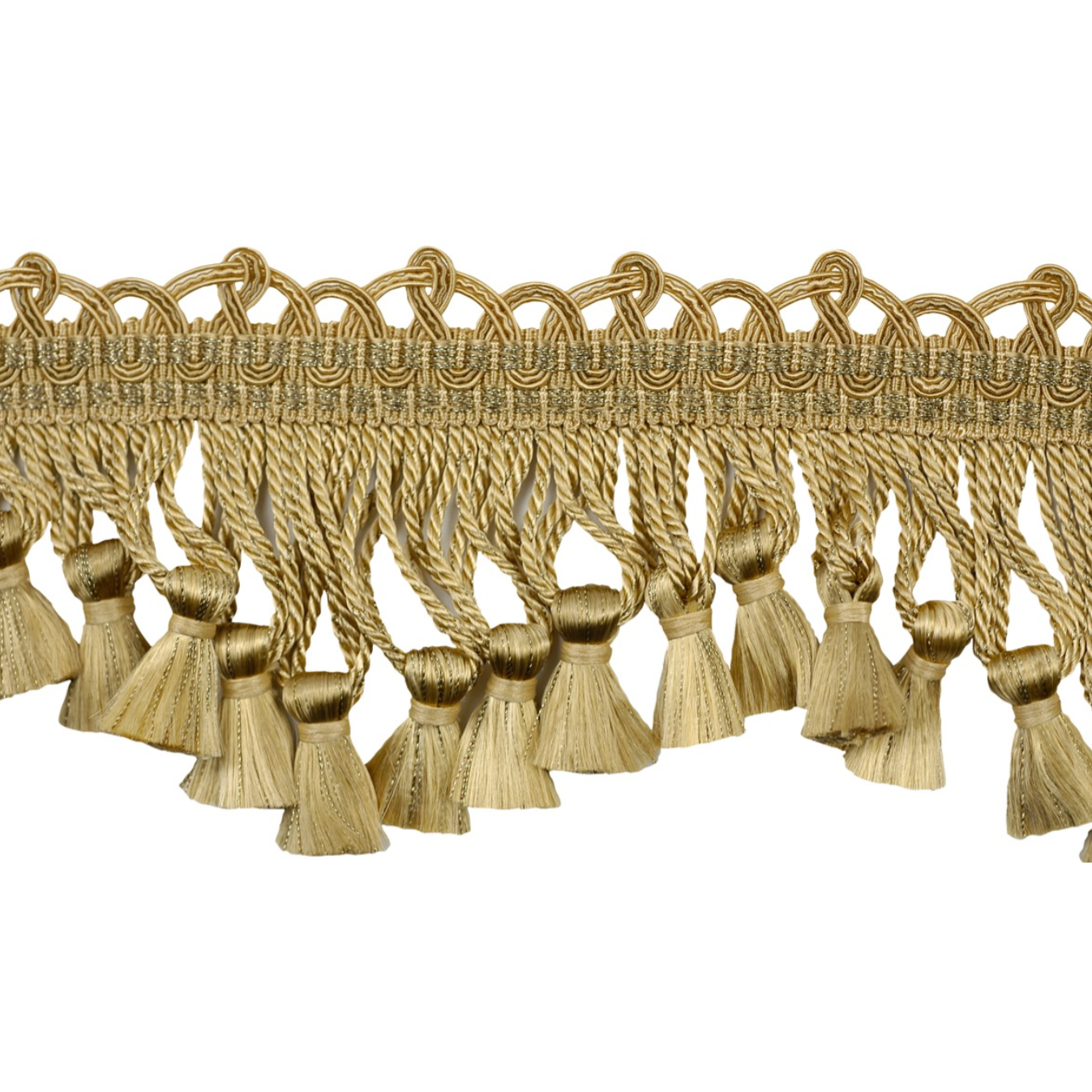 Gold tassel fringe trim on a white background