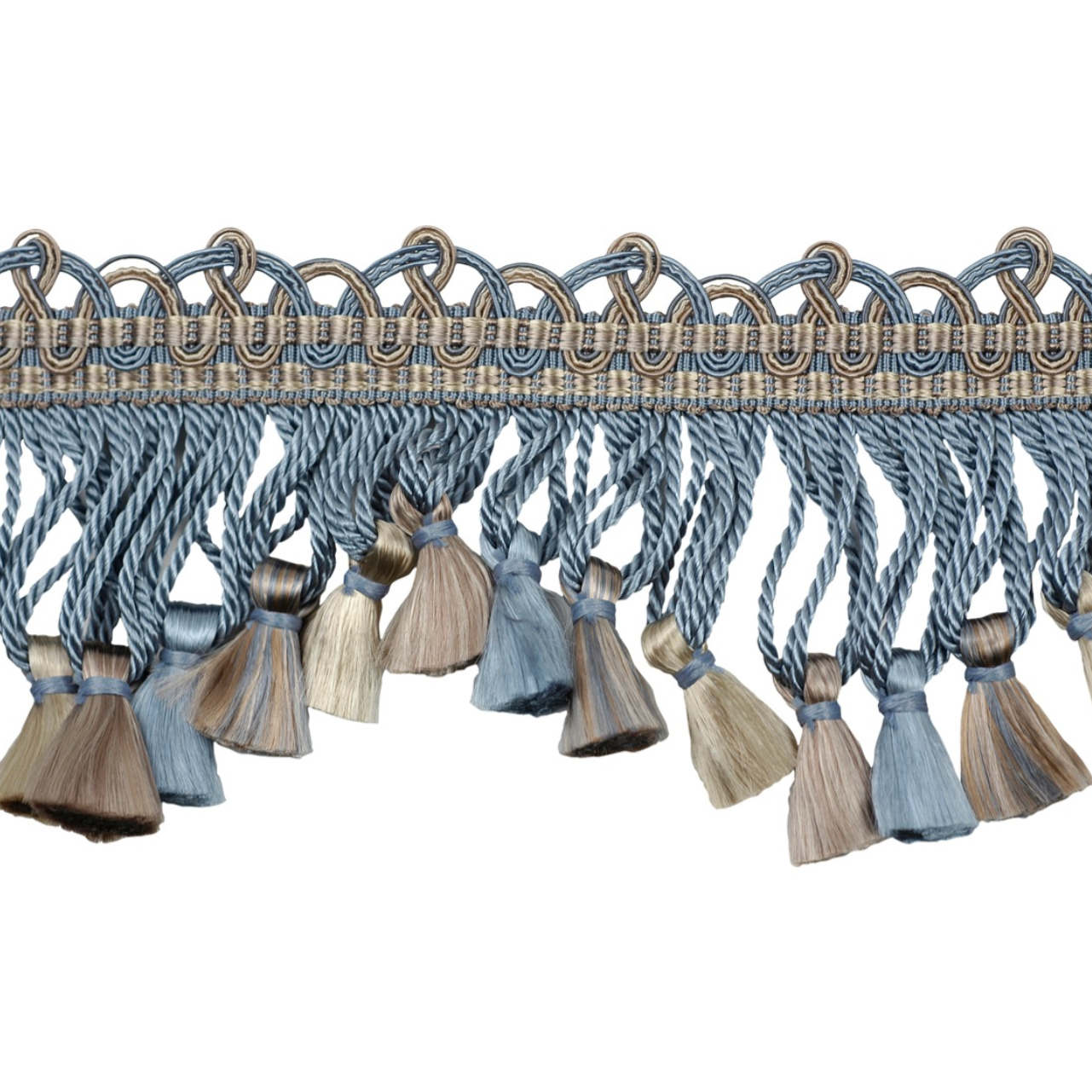 Decorative trim with tassels in blue and beige on a white background