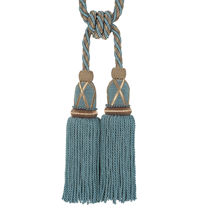 Decorative blue two tassel tiebacks on a white background