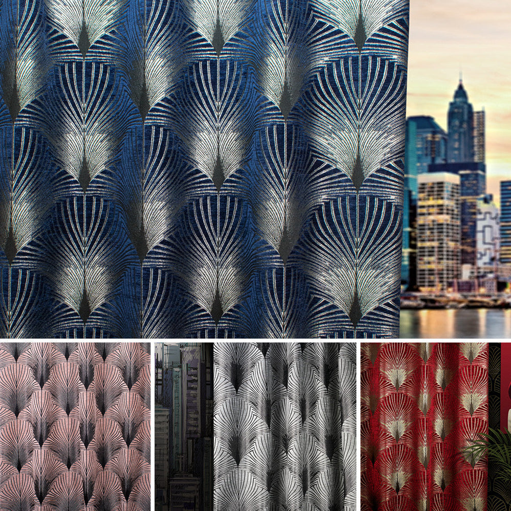 Jazz Time fabric collection showcasing art deco designs in blue, red, black, and pink chenille, perfect for upholstery and sophisticated interiors.