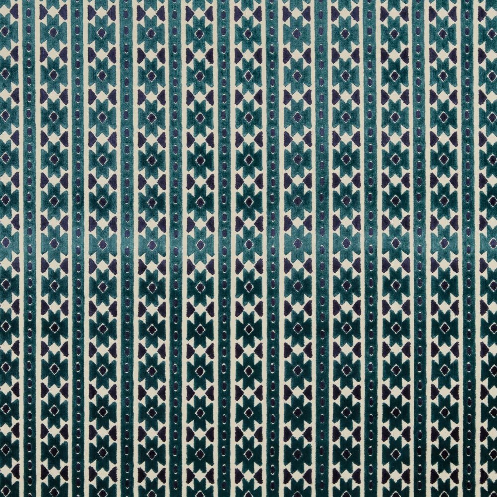 Zanzibar Velvet Ocean fabric featuring a repeating geometric pattern in teal and navy, perfect for upholstery and crafts.