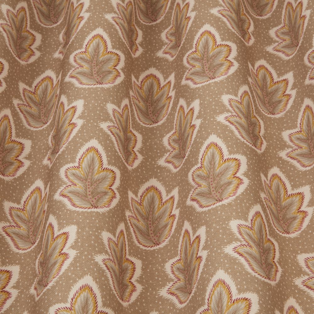 Close-up of Ziro Leaf Fawn fabric showcasing detailed botanical prints on a muted background, perfect for home and garden furnishings.