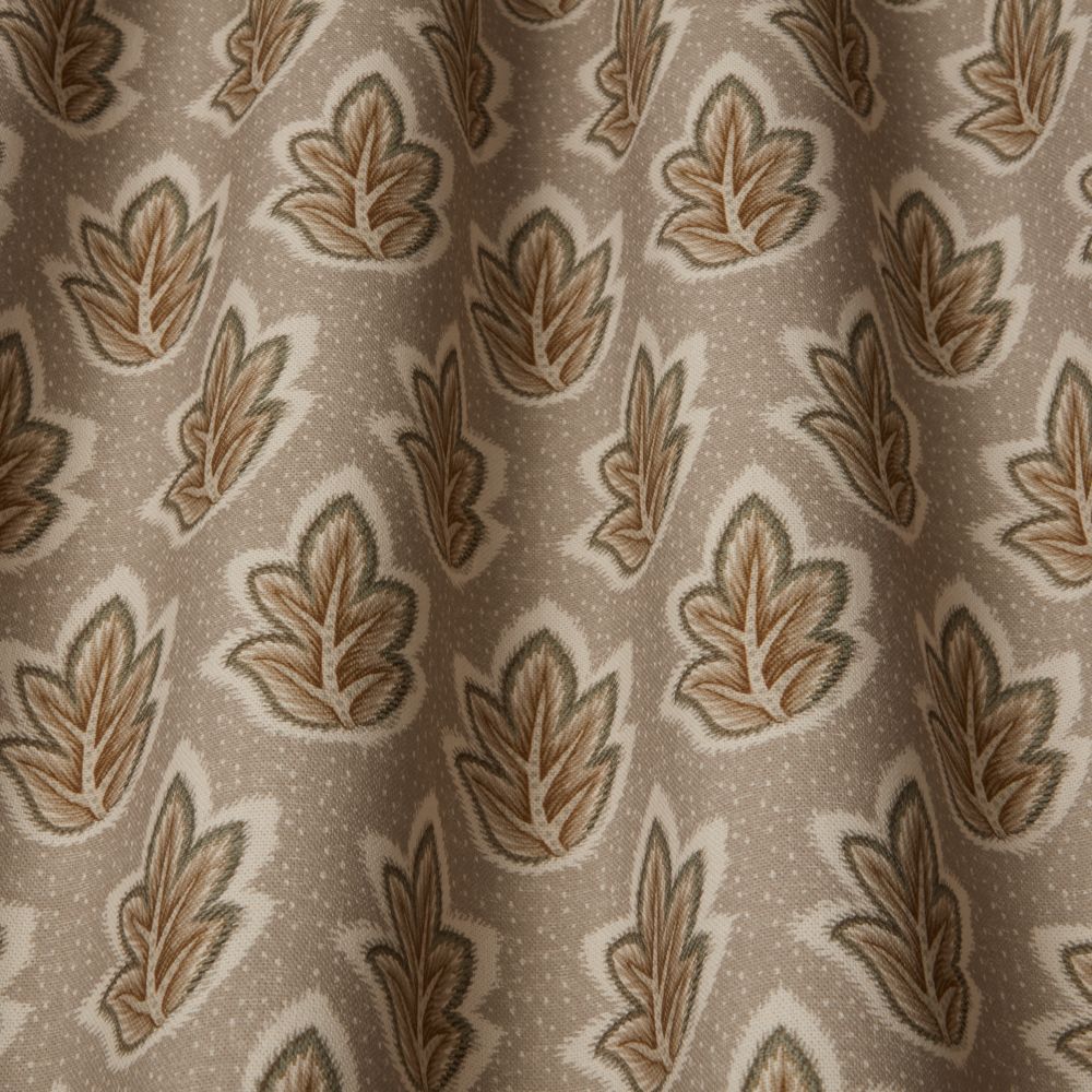 Close-up of Ziro Leaf Taupe fabric showcasing intricate Indian leaf patterns in taupe and brown, perfect for home furnishings.