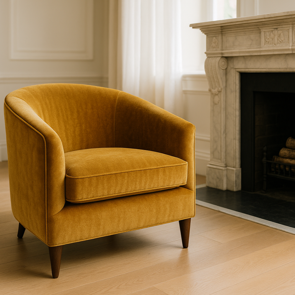 A luxurious gold velvet tub chair positioned next to an elegant grand fireplace in a bright, well-lit sophisticated living room with natural daylight, showcasing the rich texture of the Richmond Aquaclean Velvet in Antique Gold