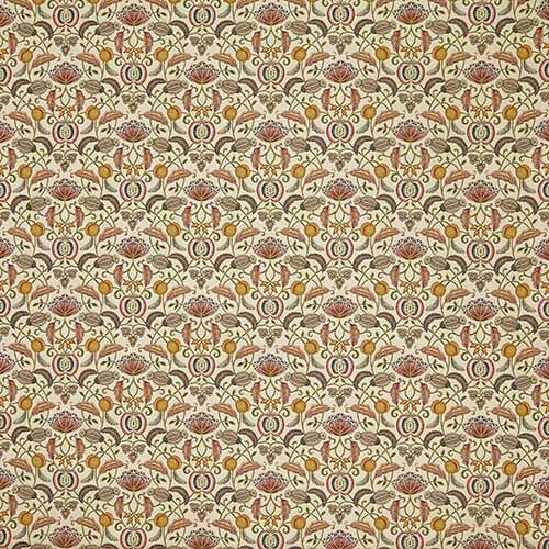Full view of Orchard Ruby fabric with a repeating woven leaf and fruit design, perfect for creative textile and crafting applications.