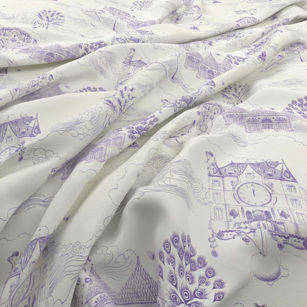Draped Toile du Chateau Fabric Bleu by Angel Strawbridge showcasing intricate blue pastoral designs on a white cotton textile, ideal for curtains or crafts.