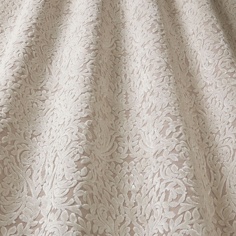 Close-up of Renaissance Vittoria taupe velvet damask fabric showcasing its textured beige pattern, perfect for upholstery projects.
