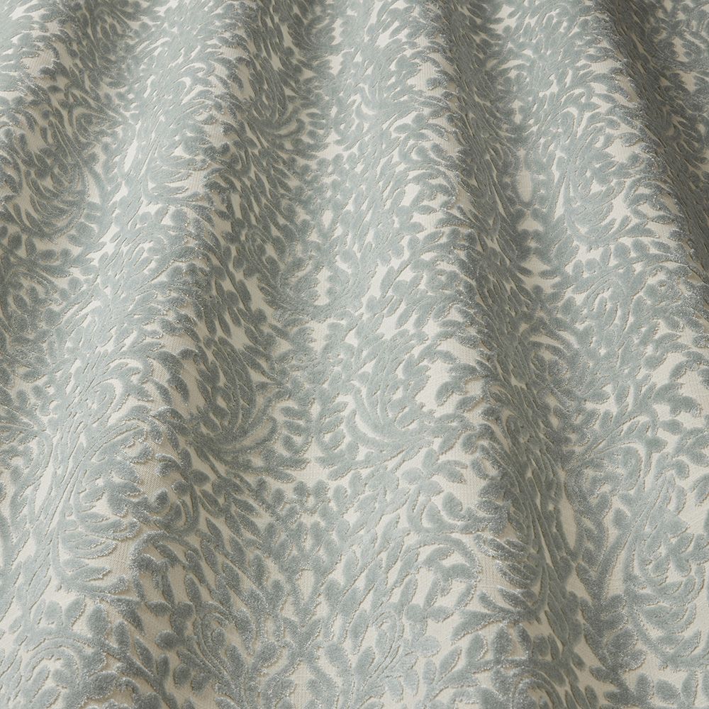 Close-up of Renaissance Vittoria Velvet Damask Oval Room Blue fabric, highlighting its textured velvet finish and detailed damask pattern.