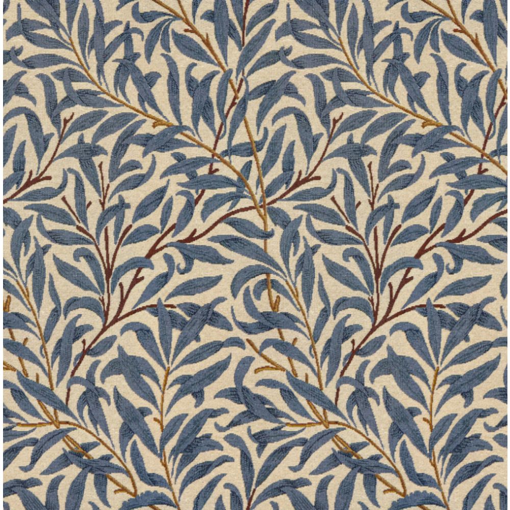 William Morris Willow Bough Steel Blue upholstery curtain fabric featuring intricate entwining stems and delicate blue foliage on a neutral background.