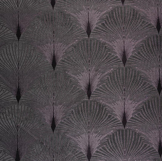 Jazz Albany art deco chenille fabric with intricate silver fan patterns on a dark background, ideal for upholstery and elegant home décor.