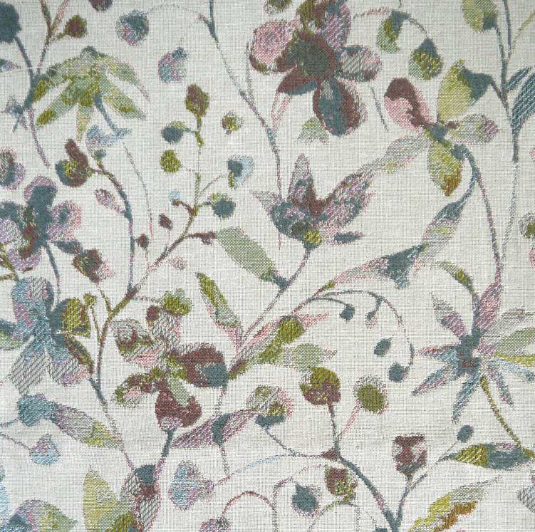 Amble Floral Jacquard Blush fabric featuring an intricate floral pattern in soft blush, green, and muted tones, ideal for interior design projects.