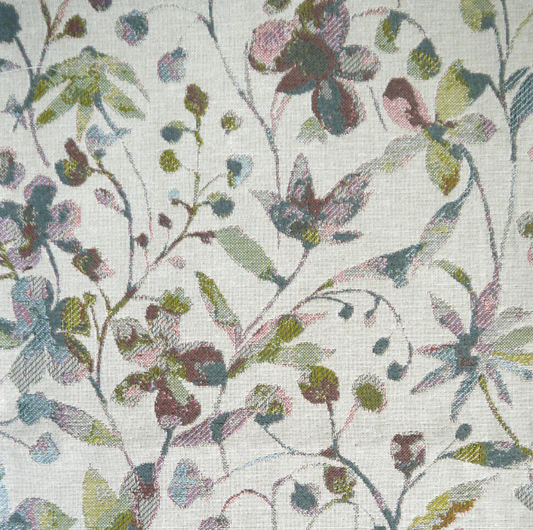 Amble Floral Jacquard Blush fabric featuring an intricate floral pattern in soft blush, green, and muted tones, ideal for interior design projects.