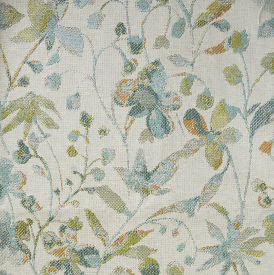 Amble Floral Jacquard Sky fabric showcasing a detailed floral pattern in soft blue and green tones on a textured cotton blend surface.