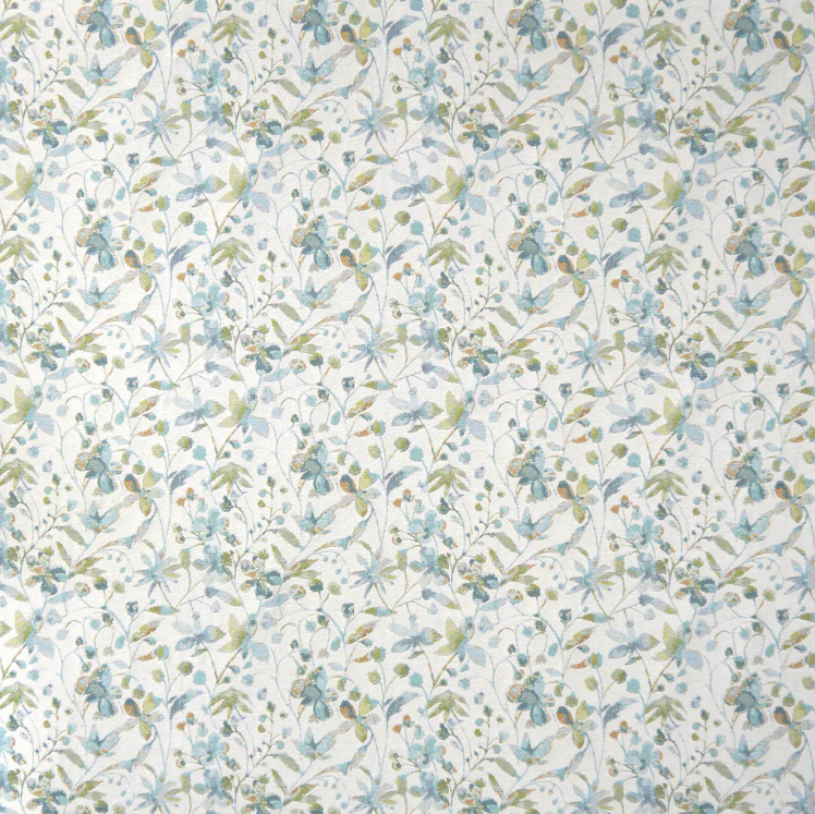 Amble Floral Jacquard Sky fabric with an intricate repeating floral design in pastel hues, ideal for interior decor and upholstery.